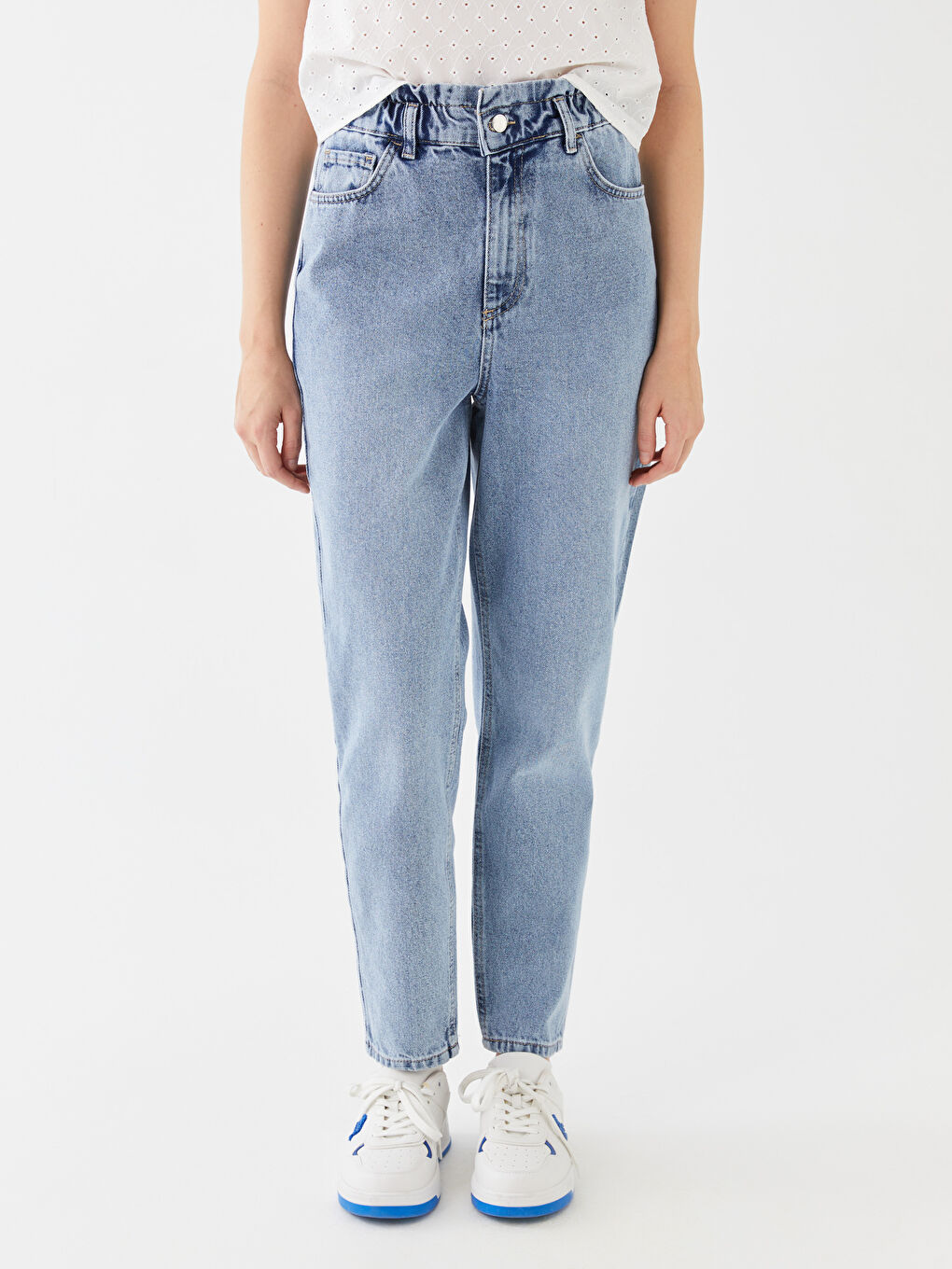 İndigo Beli Lastikli Slouchy Fit Kadın Jean Pantolon-3