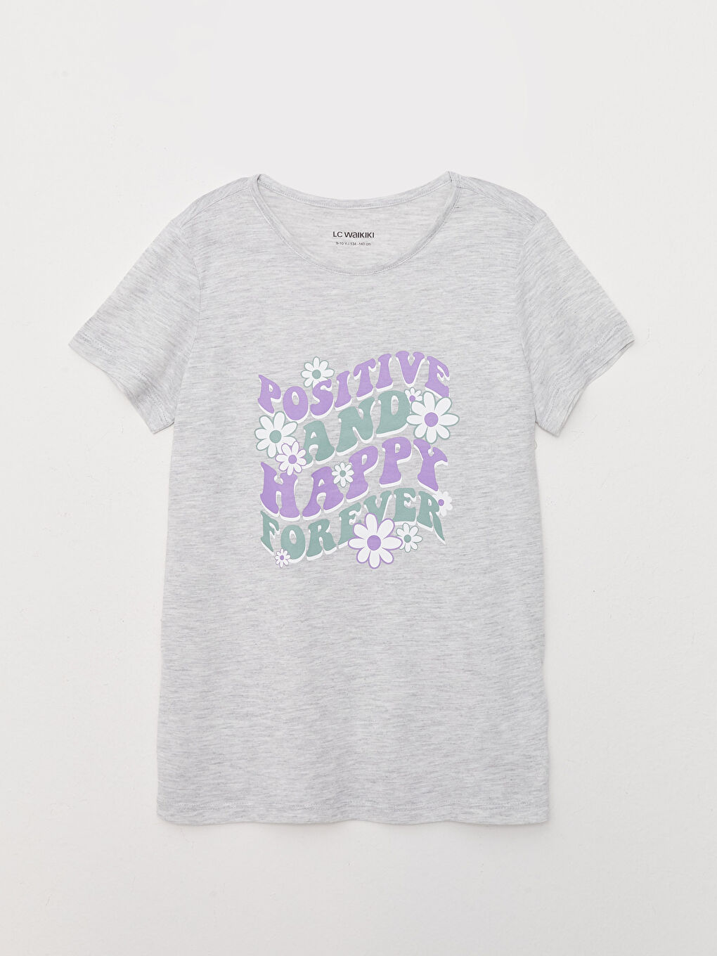 تيشيرت للبنات بياقة دائرية مطبوع كم قصير