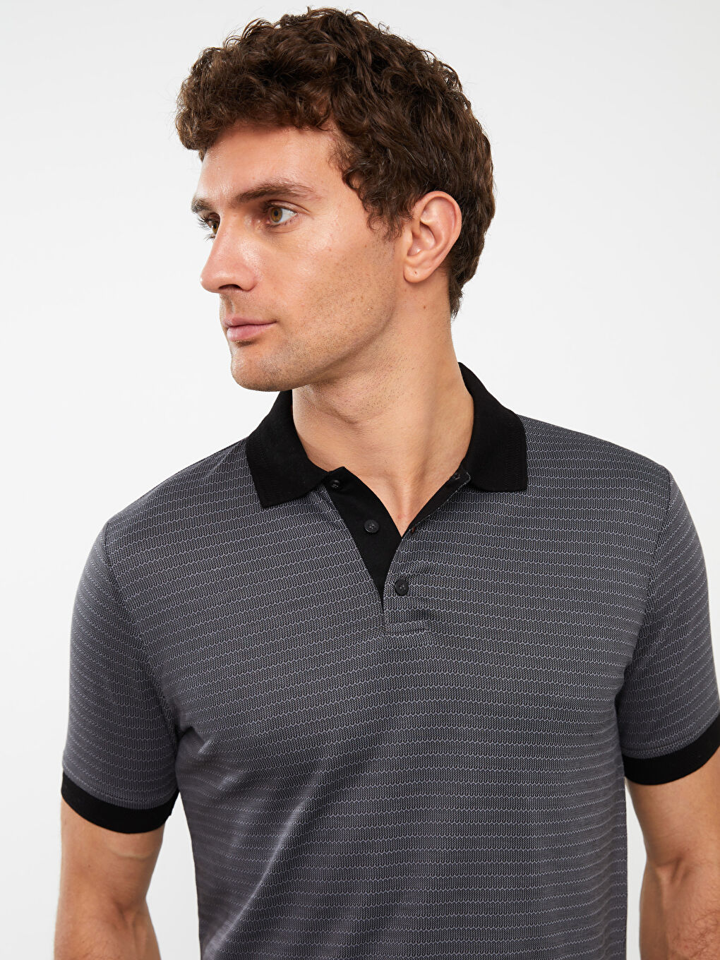 Siyah Merserize Polo Yaka Kısa Kollu Erkek Tişört-1
