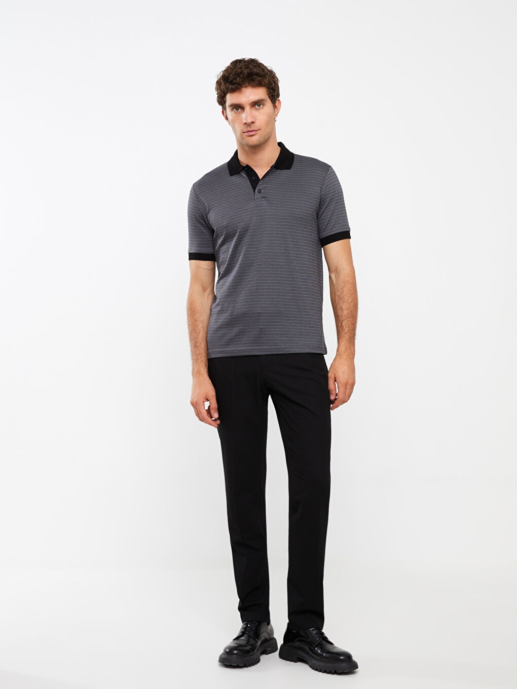 Siyah Merserize Polo Yaka Kısa Kollu Erkek Tişört-2