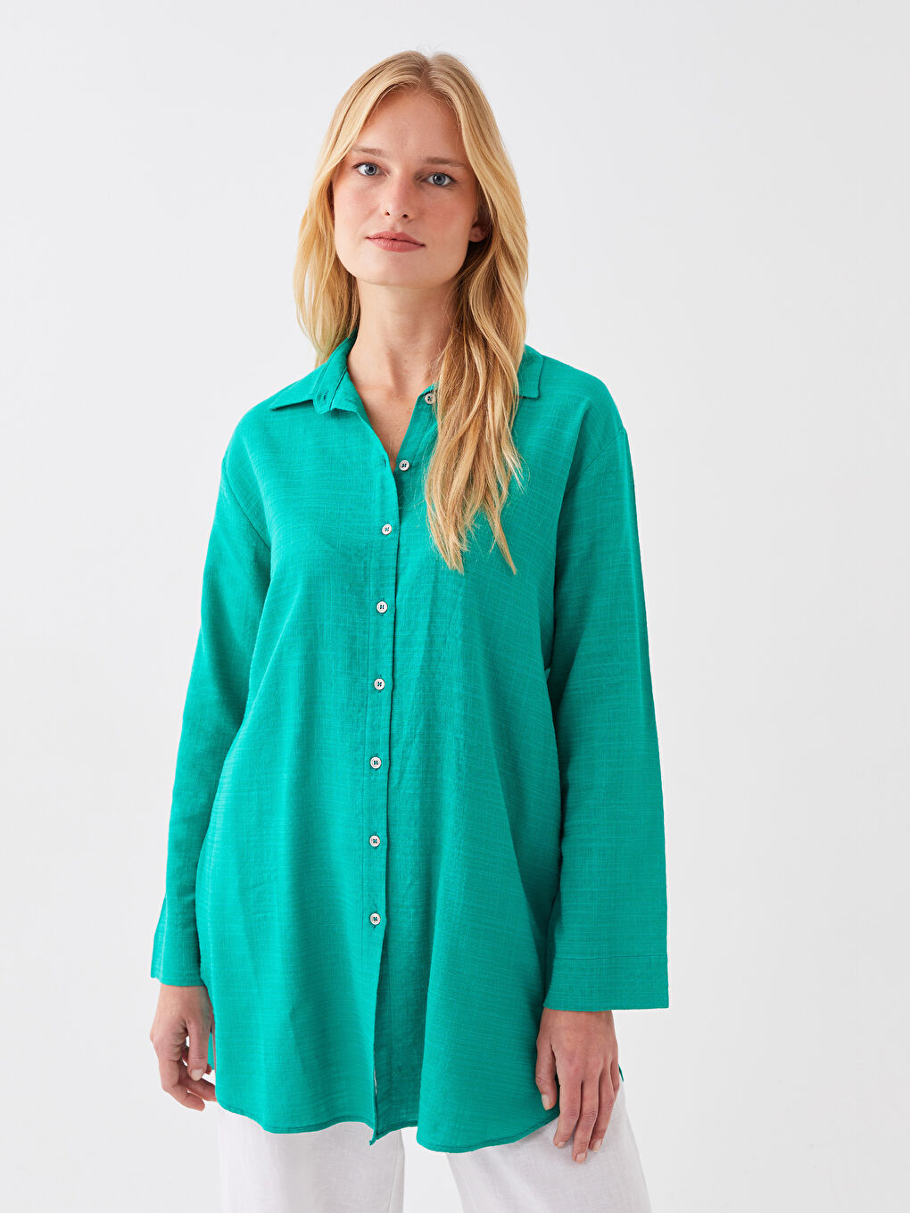 Plain Long Sleeve Linen-Look Women's Shirt Tunic