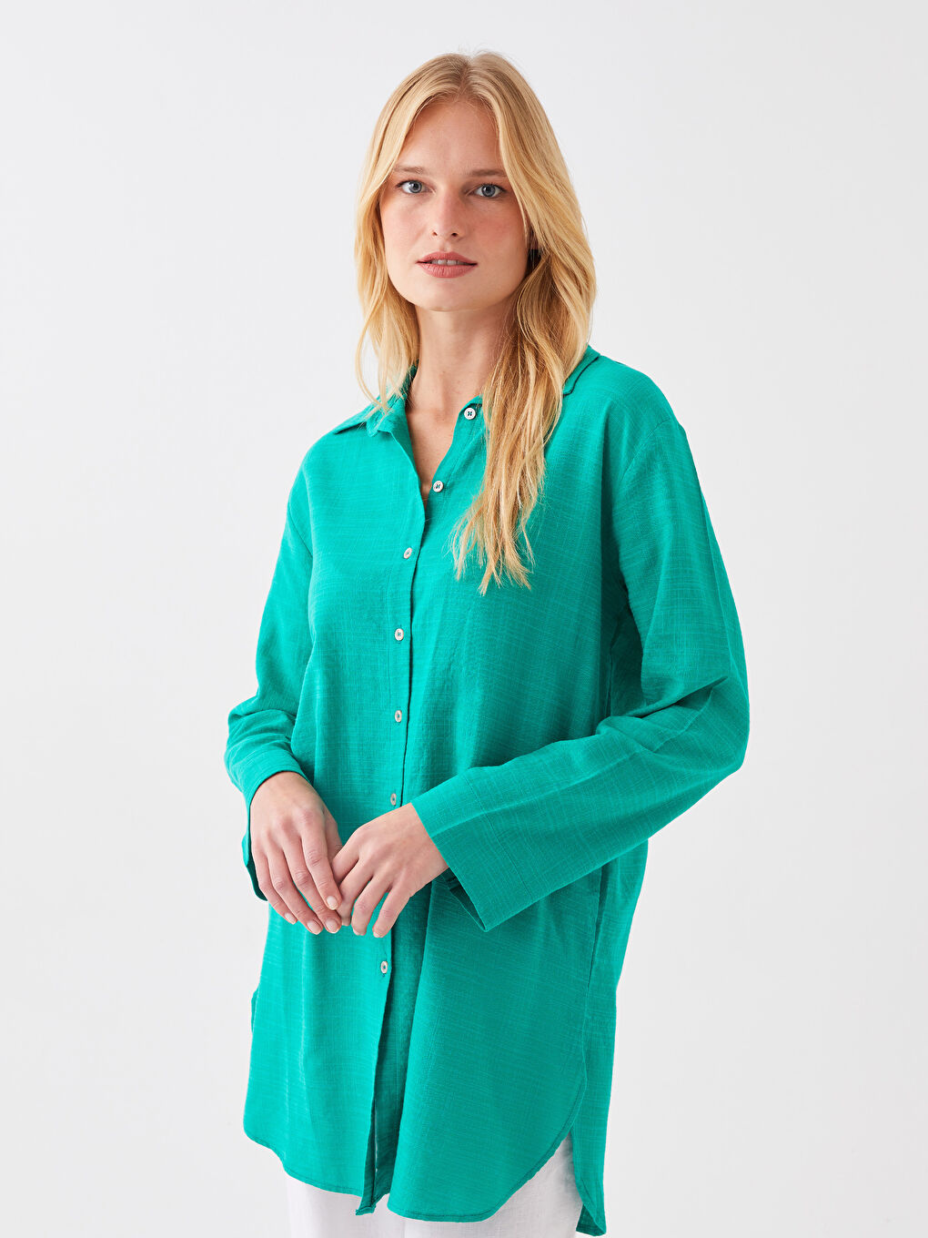 Plain Long Sleeve Linen-Look Women's Shirt Tunic-1