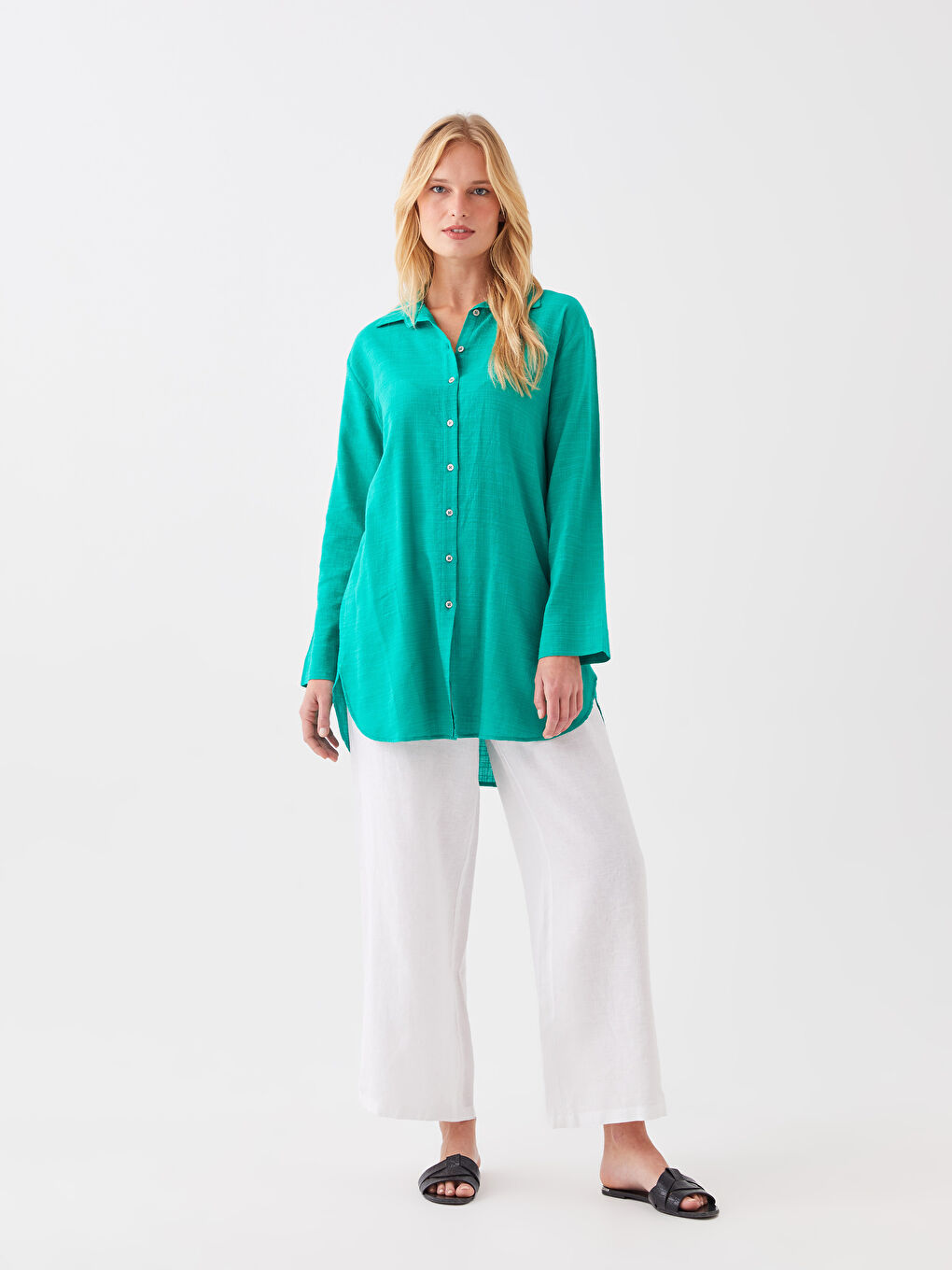 Plain Long Sleeve Linen-Look Women's Shirt Tunic-2