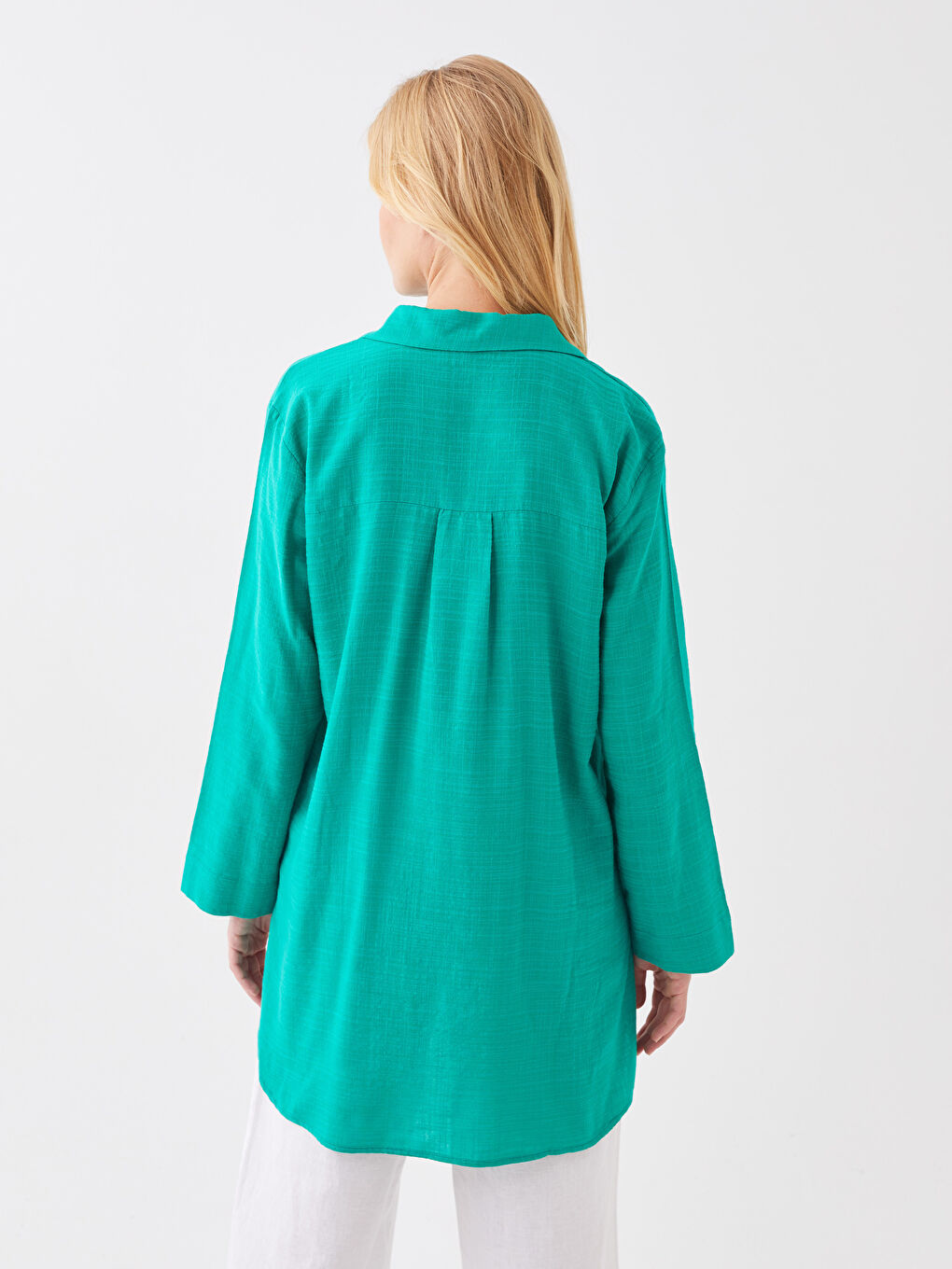 Plain Long Sleeve Linen-Look Women's Shirt Tunic-4