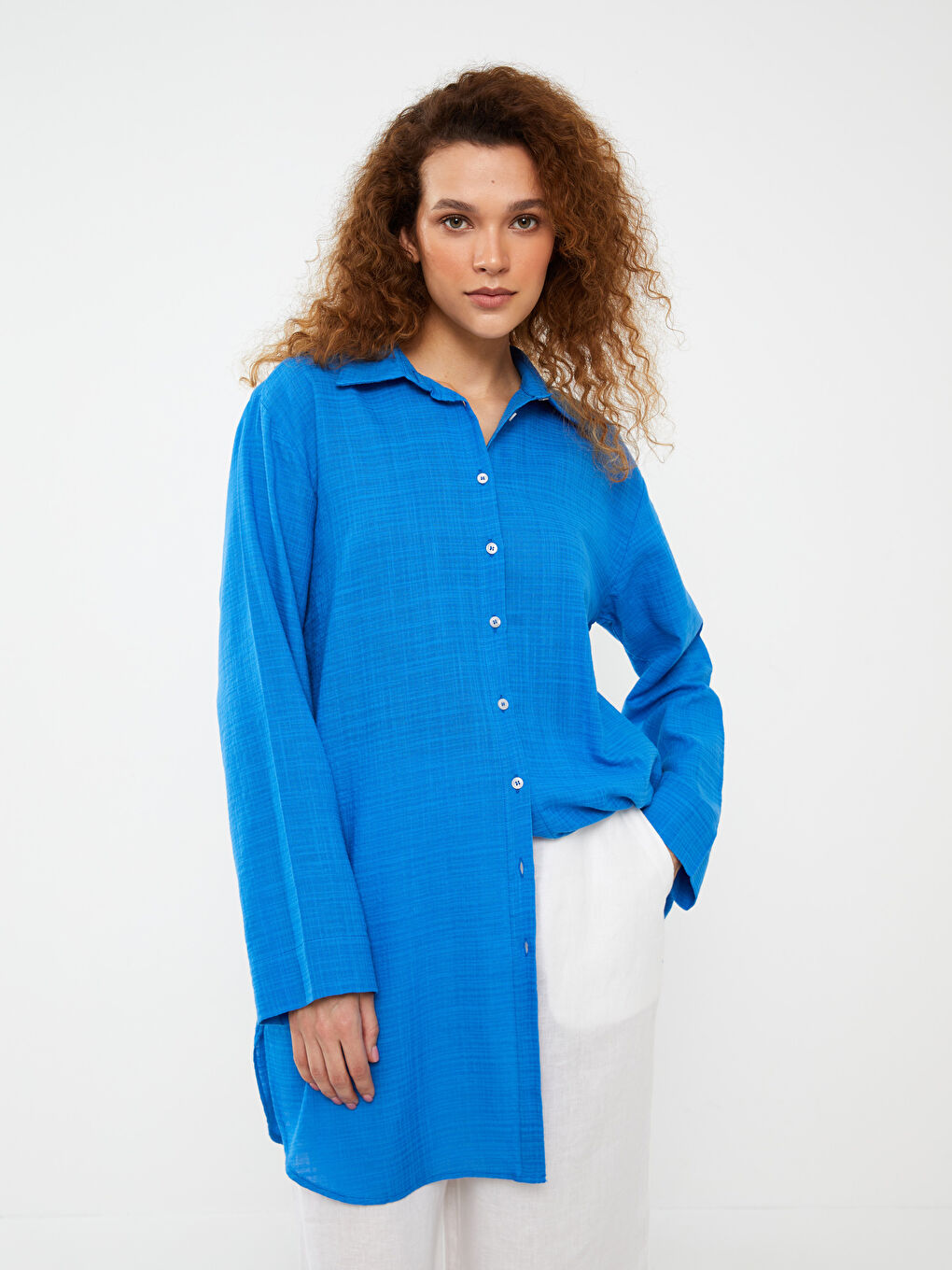 Tunique en chemise unie à manches longues aspect lin pour Femmes-1
