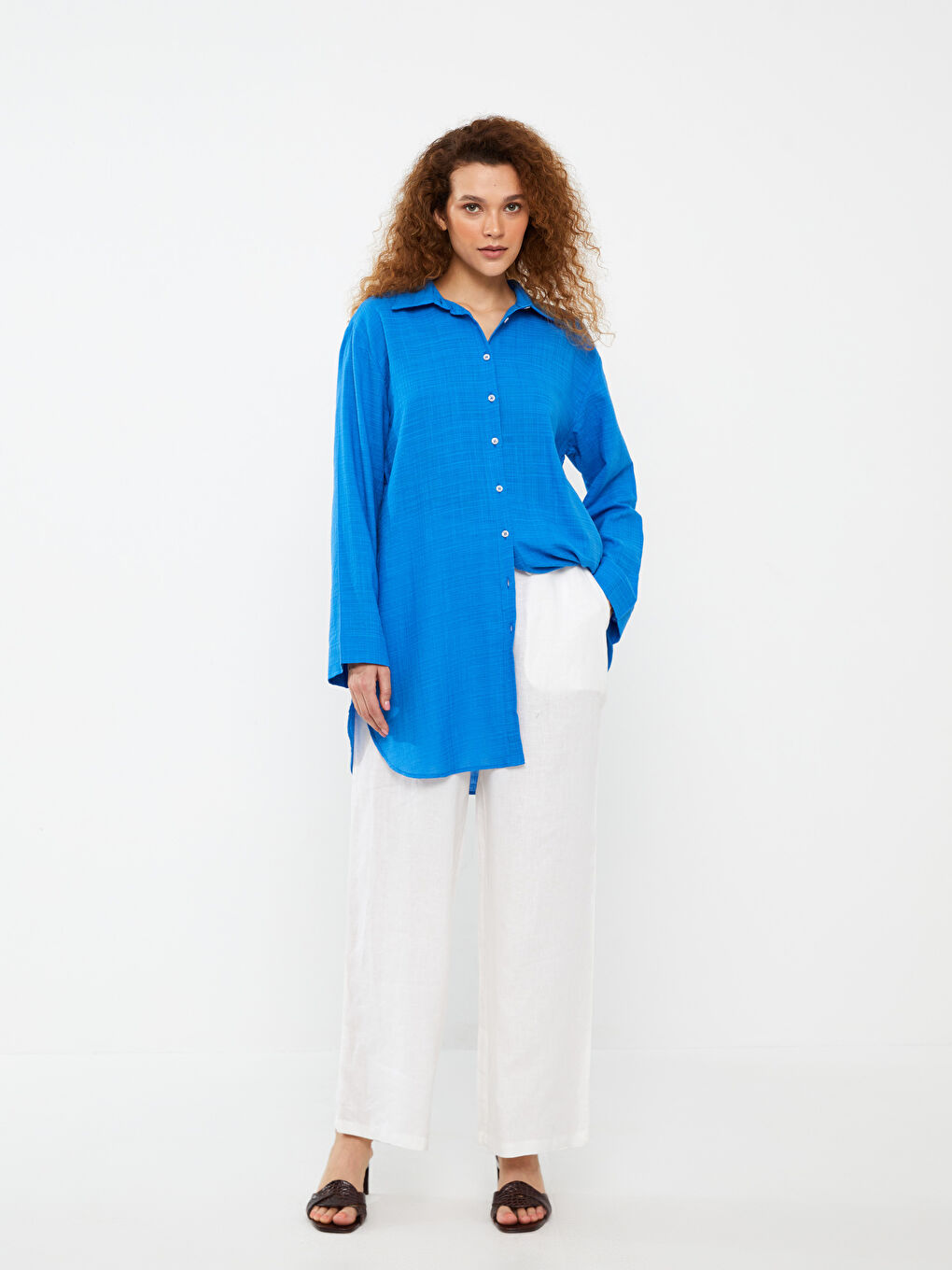 Tunique en chemise unie à manches longues aspect lin pour Femmes-2