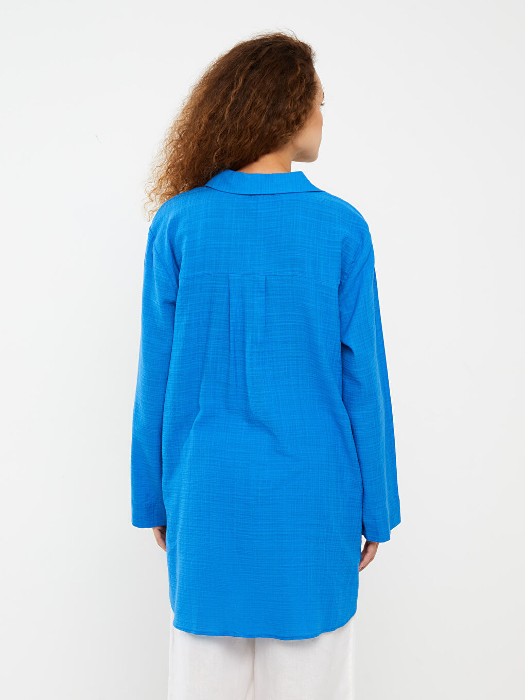 Tunique en chemise unie à manches longues aspect lin pour Femmes-4