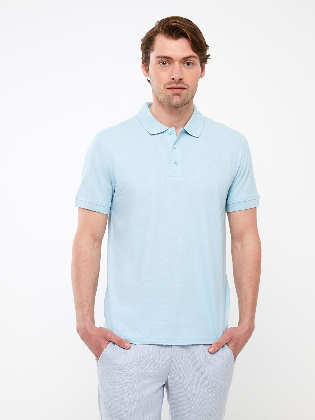 Polo Neck Short Sleeve Linen Blended Men's T-Shirt-1