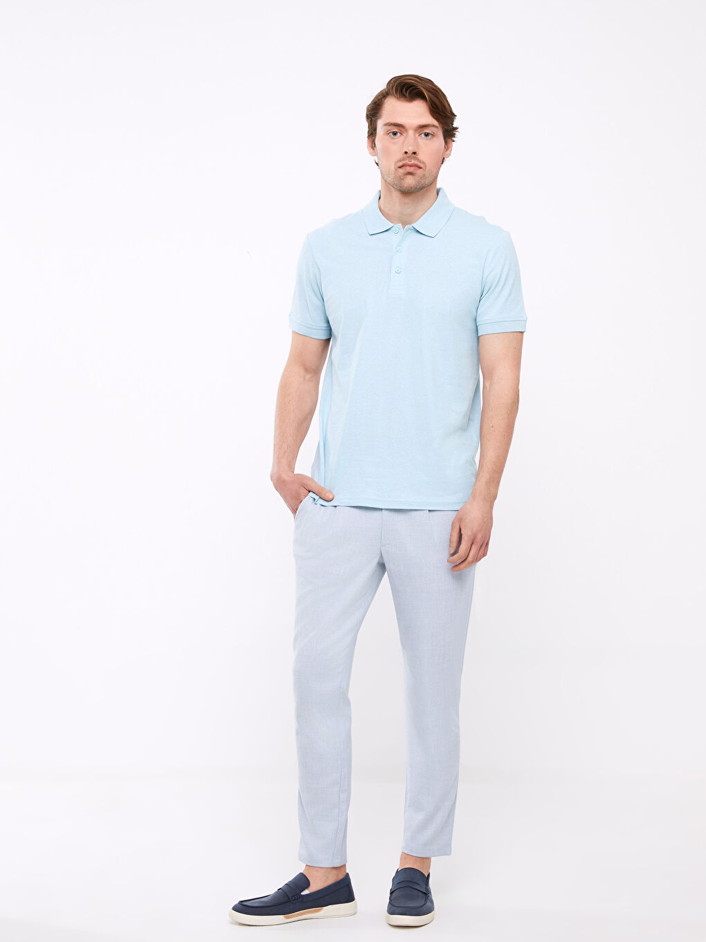 Polo Neck Short Sleeve Linen Blended Men's T-Shirt-2