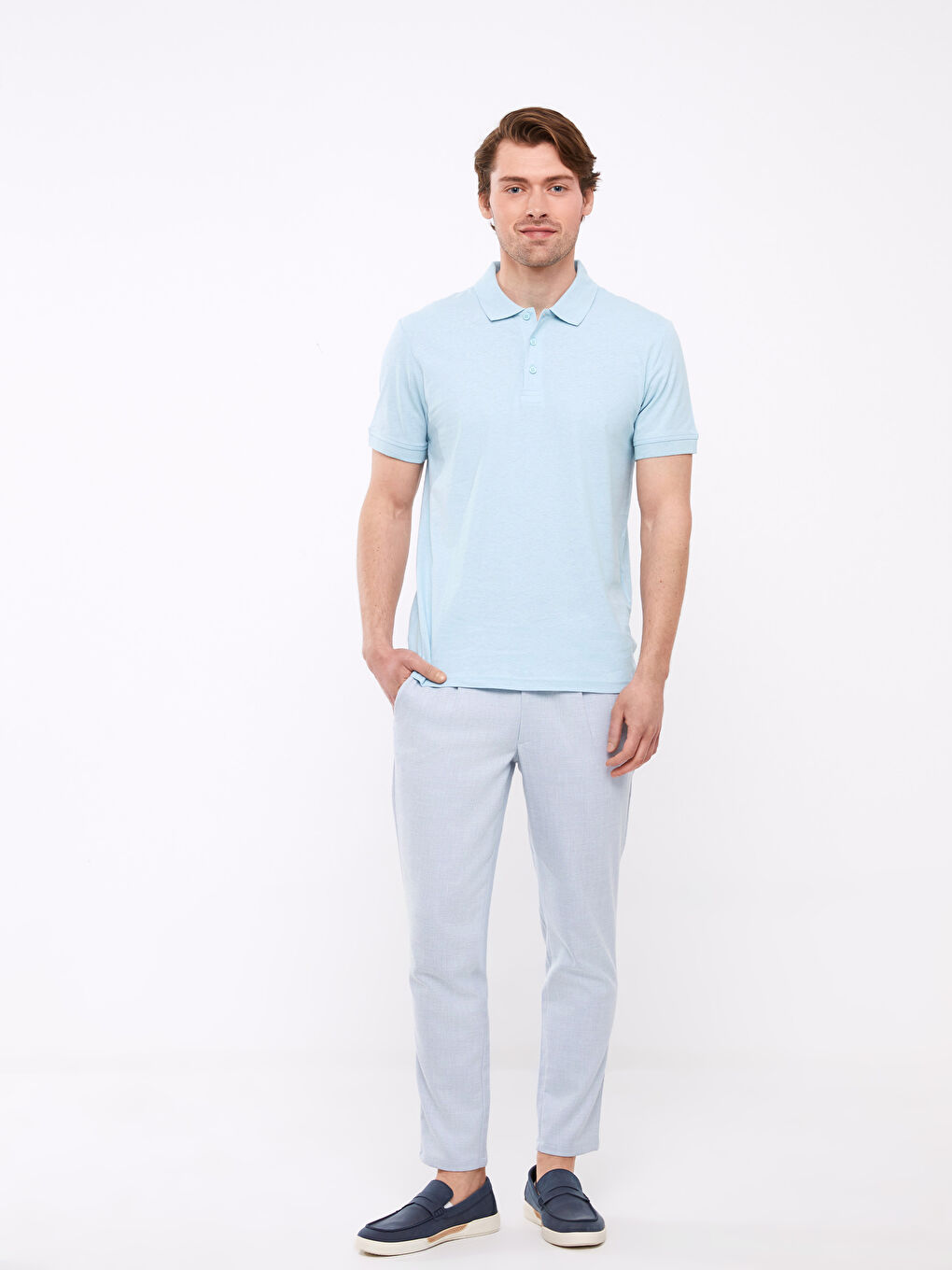 Polo Neck Short Sleeve Linen Blended Men's T-Shirt-3