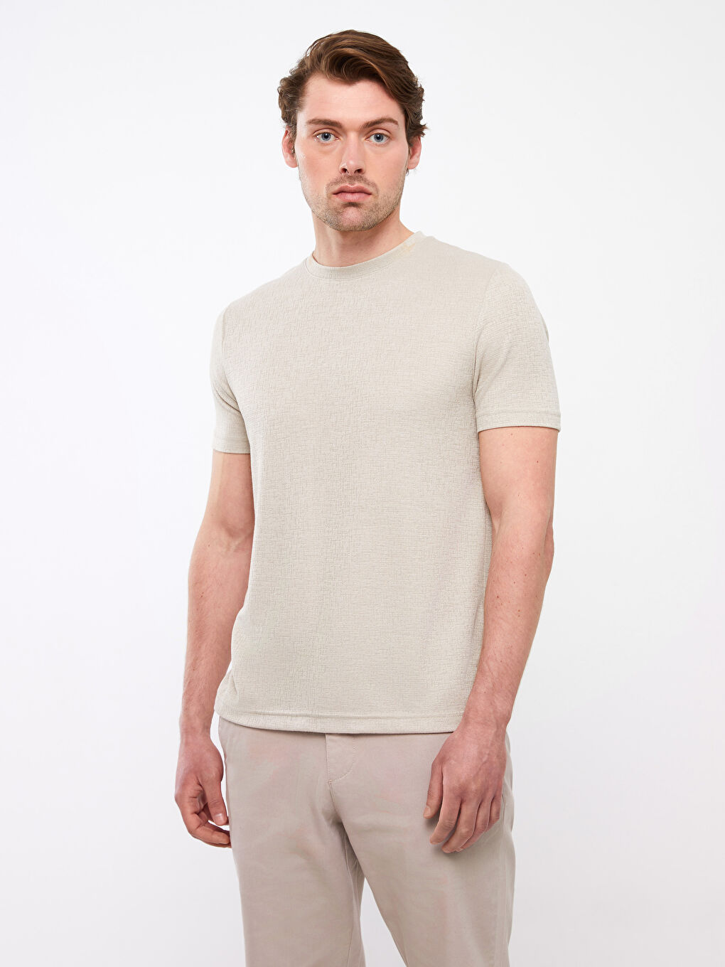 تيشيرت كم قصير ياقة دائرية خليط كتان للرجال