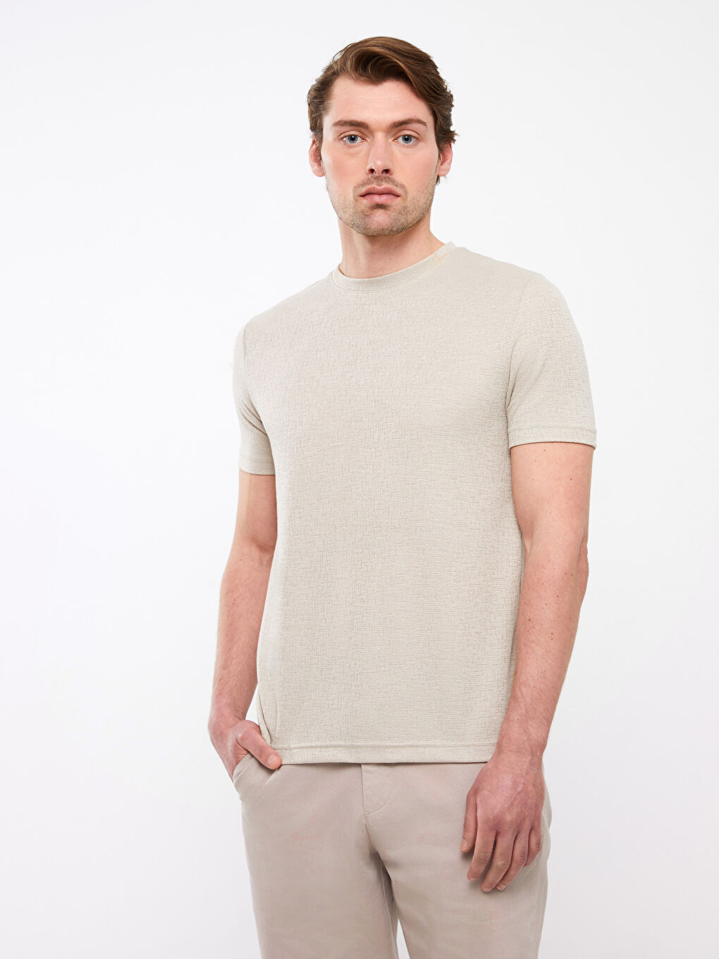 تيشيرت كم قصير ياقة دائرية خليط كتان للرجال-1