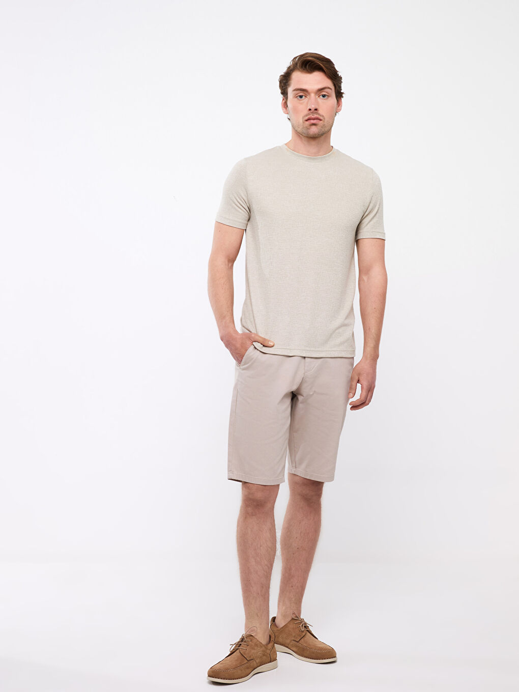 تيشيرت كم قصير ياقة دائرية خليط كتان للرجال-2