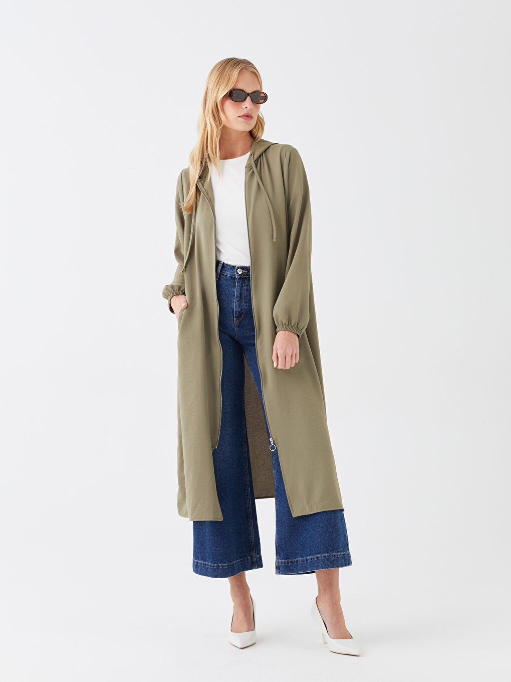 Haki Kapüşonlu Düz Uzun Kollu Kadın Ferace-1