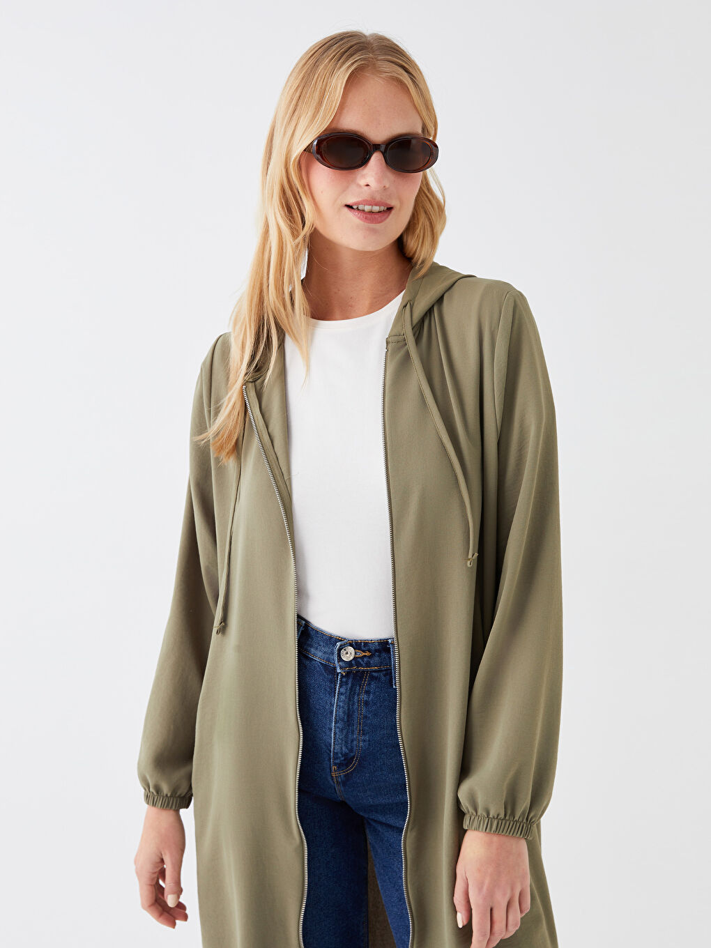 Haki Kapüşonlu Düz Uzun Kollu Kadın Ferace-2