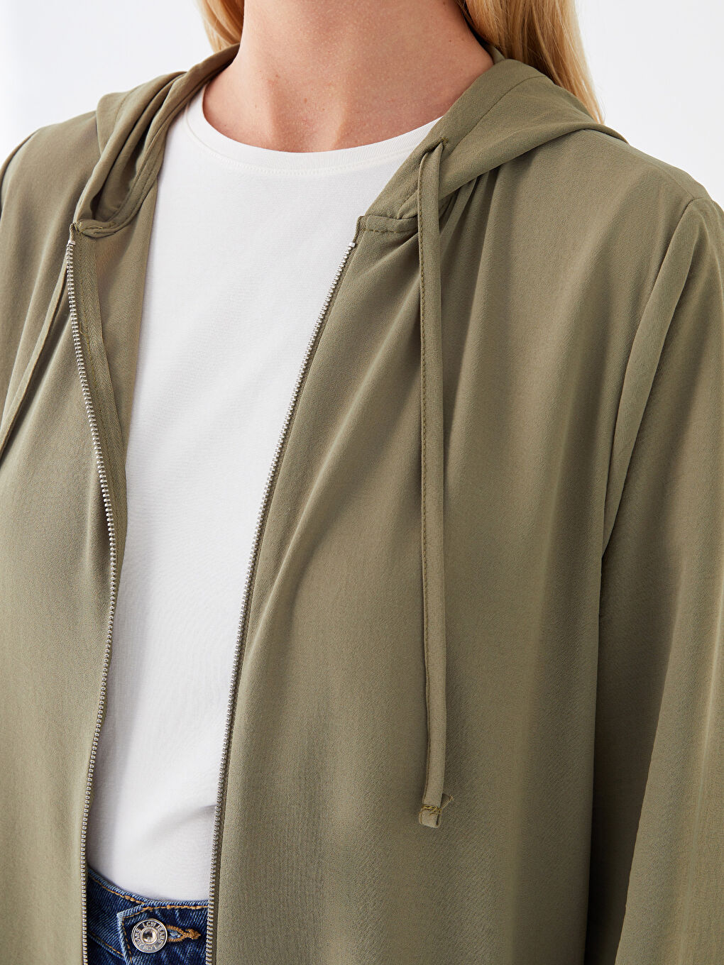 Haki Kapüşonlu Düz Uzun Kollu Kadın Ferace-3