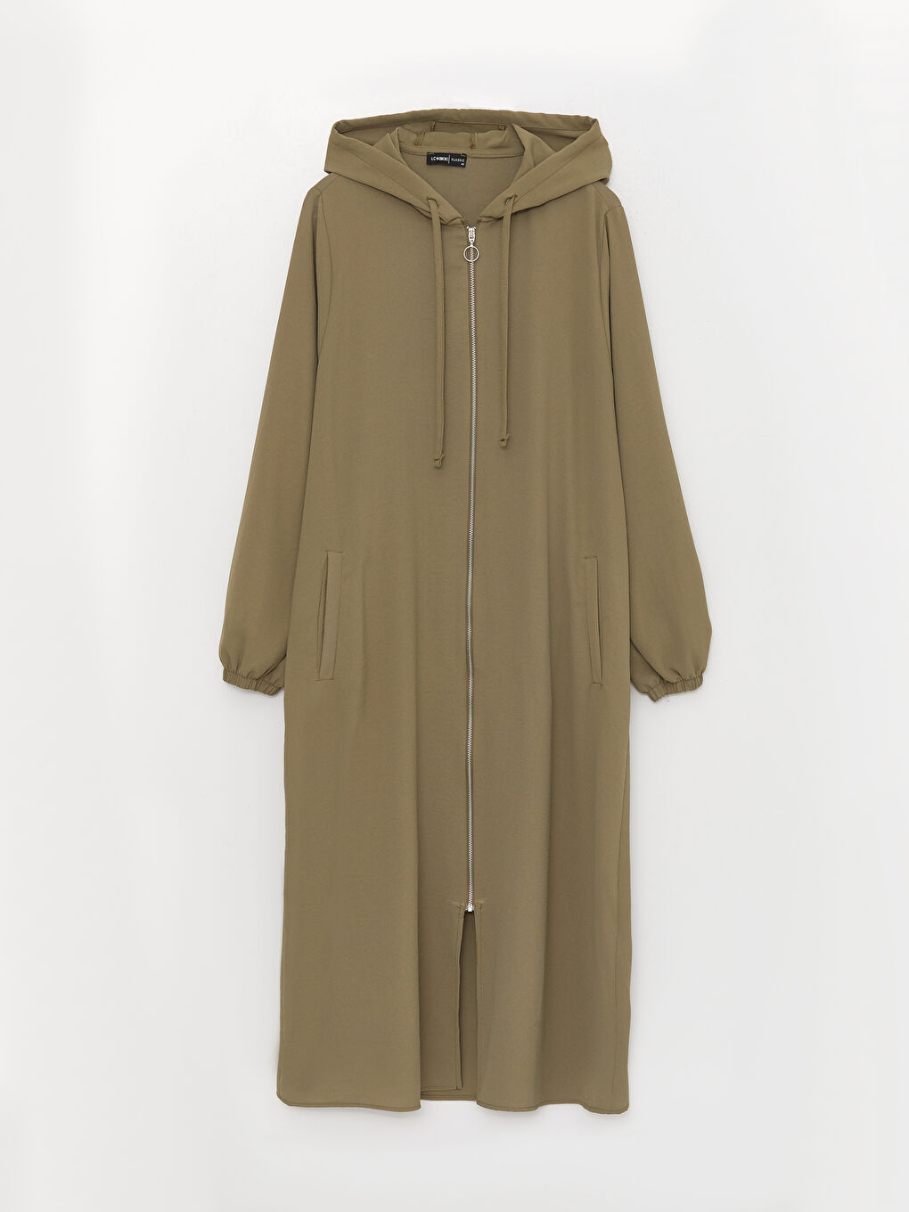 Haki Kapüşonlu Düz Uzun Kollu Kadın Ferace-5