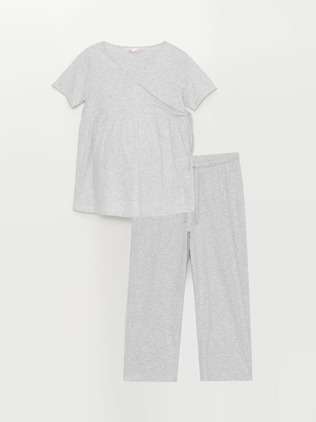 Gri Kruvaze Yaka Hamile Caprili Pijama Takımı