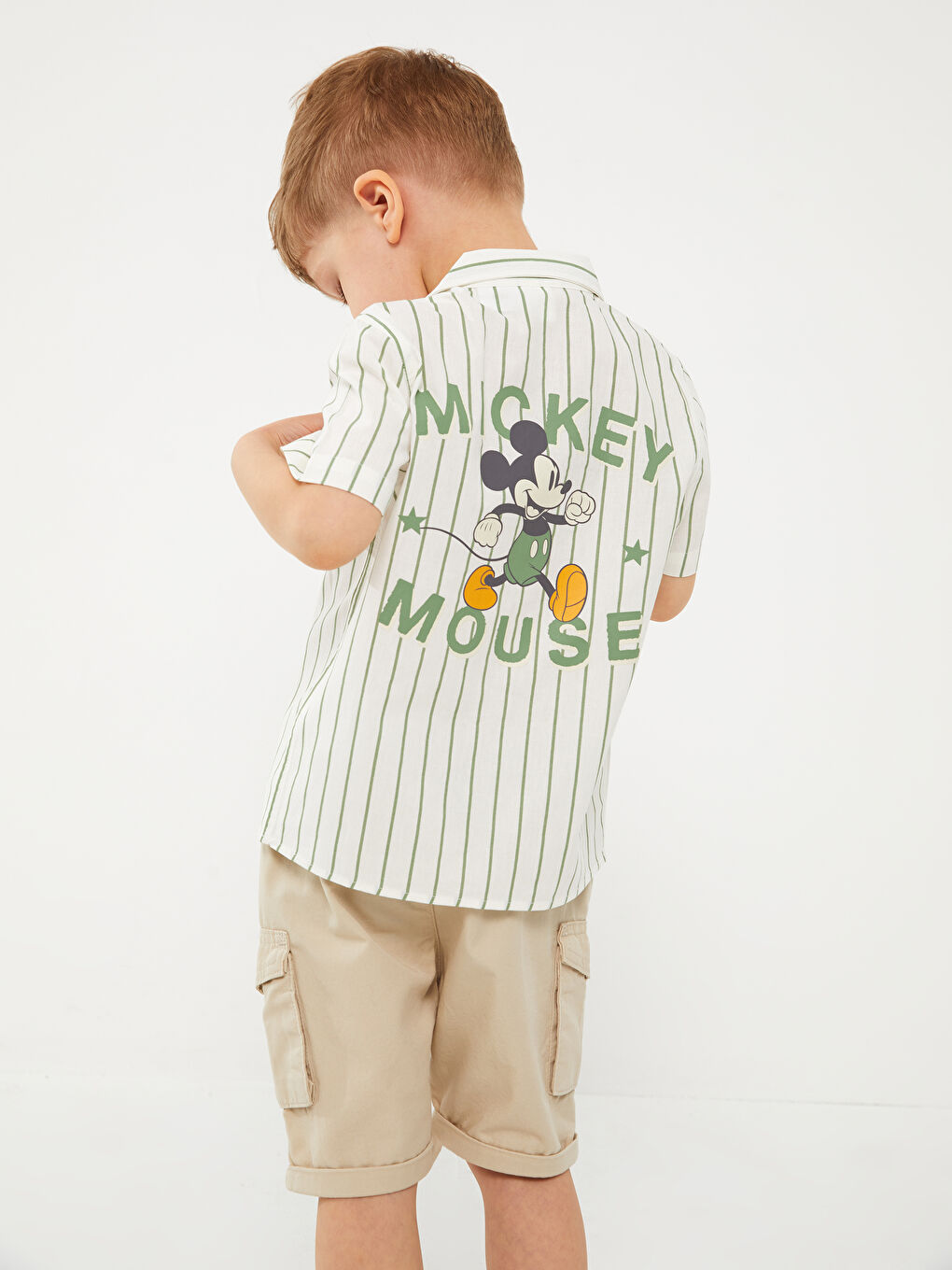 Ekru Kısa Kollu Mickey Mouse Baskılı Erkek Bebek Gömlek-1