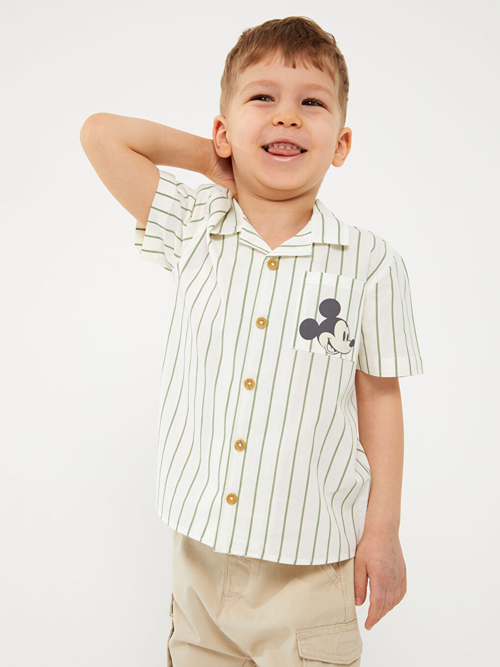 Ekru Kısa Kollu Mickey Mouse Baskılı Erkek Bebek Gömlek