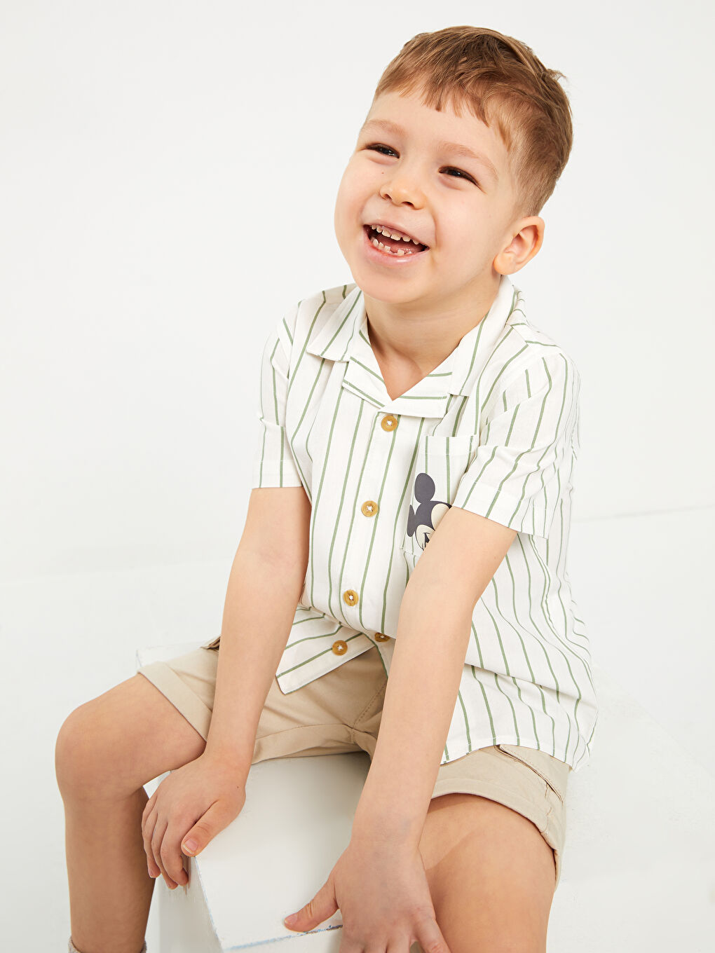 Ekru Kısa Kollu Mickey Mouse Baskılı Erkek Bebek Gömlek-2