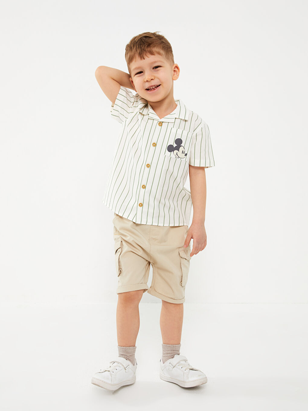Ekru Kısa Kollu Mickey Mouse Baskılı Erkek Bebek Gömlek-3