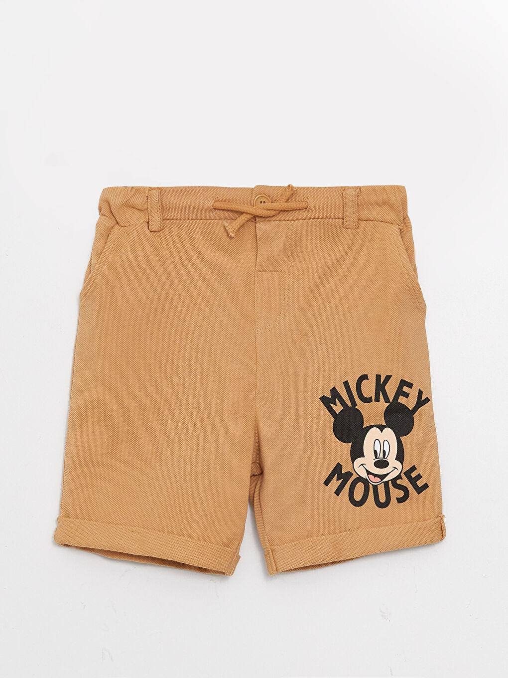 Bej Beli Lastikli Mickey Mouse Baskılı Erkek Bebek Şort