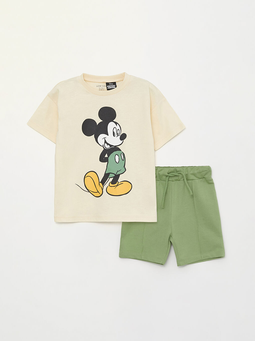 Bej Bisiklet Yaka Kısa Kollu Mickey Mouse Baskılı Erkek Bebek Tişört ve Şort 2'li Takım