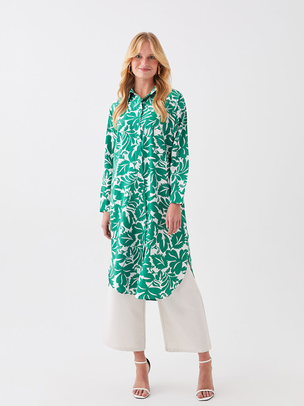 Yeşil Desenli Kadın Gömlek Tunik