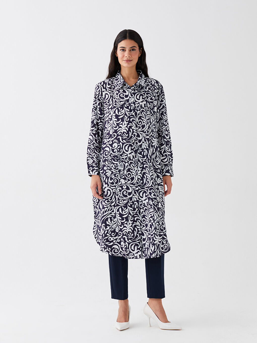 Lacivert Desenli Kadın Gömlek Tunik