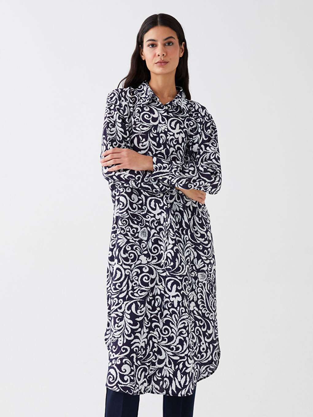 Lacivert Desenli Kadın Gömlek Tunik-1