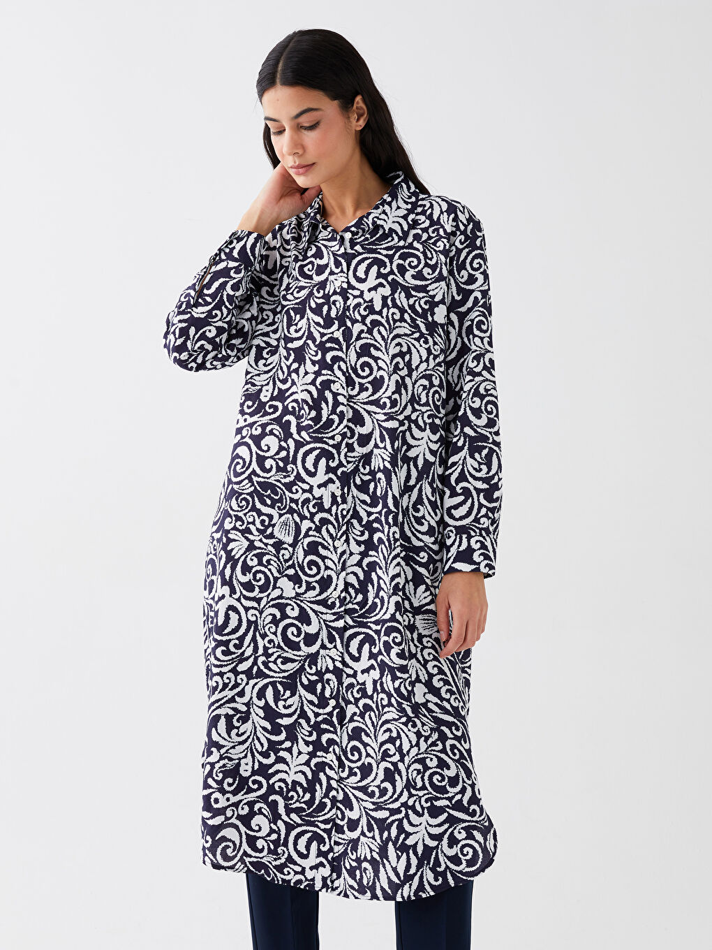 Lacivert Desenli Kadın Gömlek Tunik-2