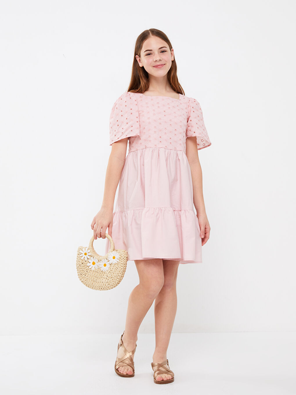 Rochie cu Guler Pătrat și Mânecă Scurtă pentru Fete