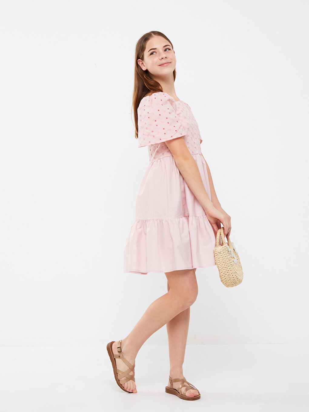 Rochie cu Guler Pătrat și Mânecă Scurtă pentru Fete-1