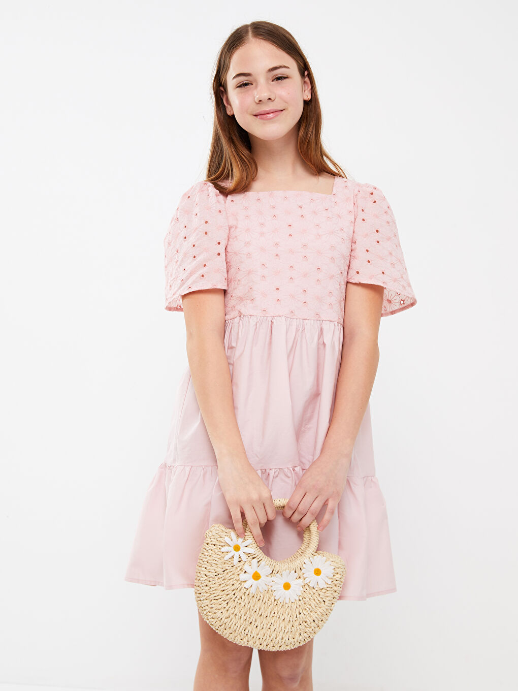 Rochie cu Guler Pătrat și Mânecă Scurtă pentru Fete-2