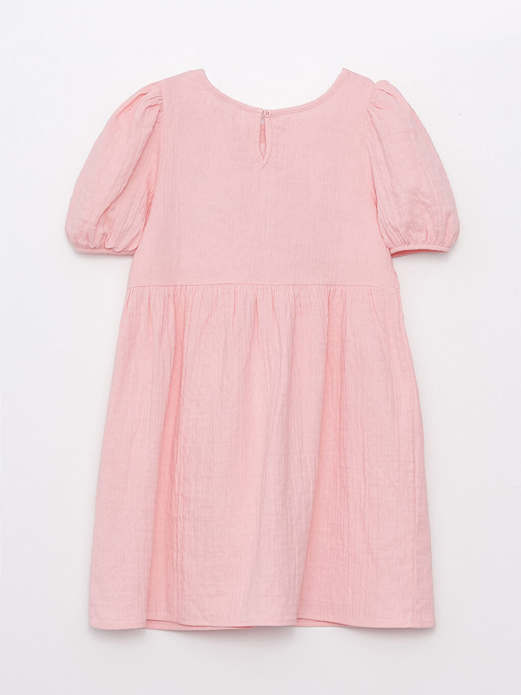 فستان بناتي بياقة دائرية بتفاصيل تطريز وكم قصير-1