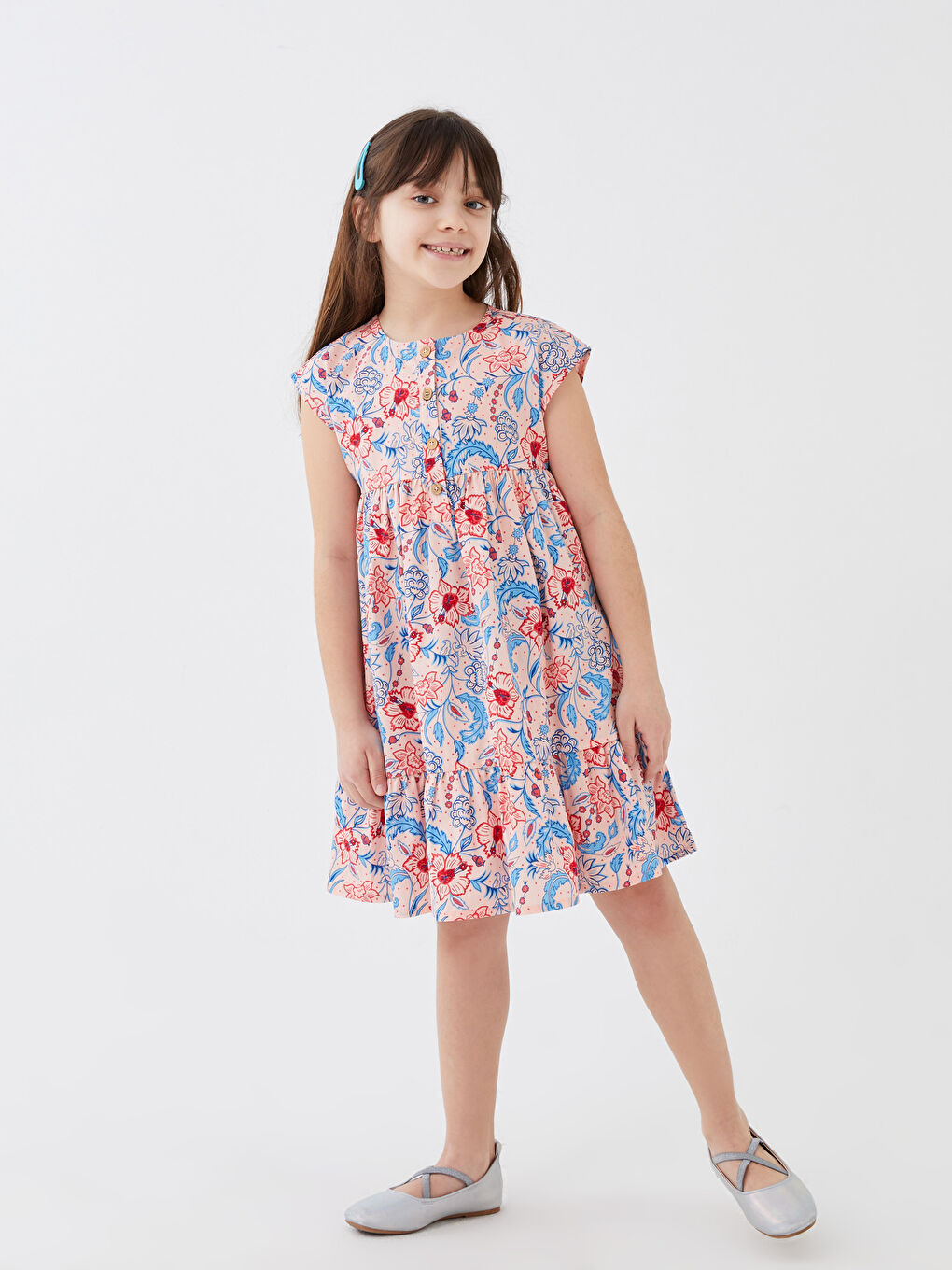 Rochie cu Guler Rotund, Cu Model, Mânecă Scurtă, pentru Fete-1