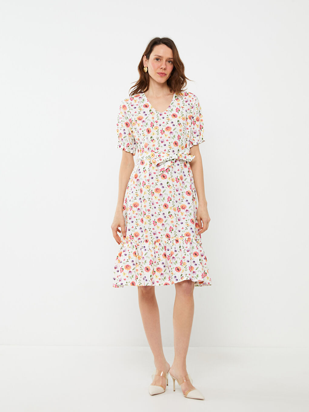 LCW Kids V-Neck Floral Short Sleeve Poplin Women's Dress Mother Daughter Combination -S3CN65Z8-F9C