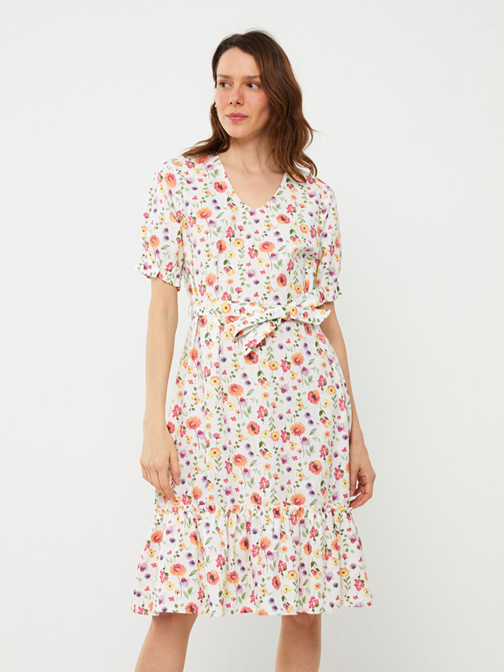 LCW Kids V-Neck Floral Short Sleeve Poplin Women's Dress Mother Daughter Combination -S3CN65Z8-F9C