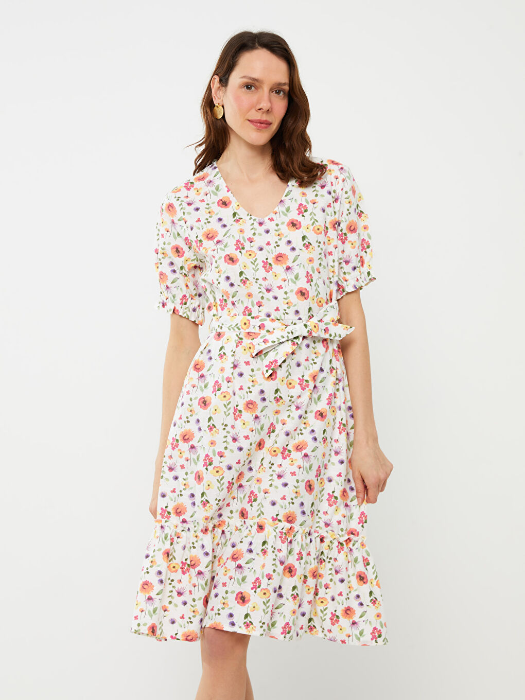 LCW Kids V-Neck Floral Short Sleeve Poplin Women's Dress Mother Daughter Combination -S3CN65Z8-F9C