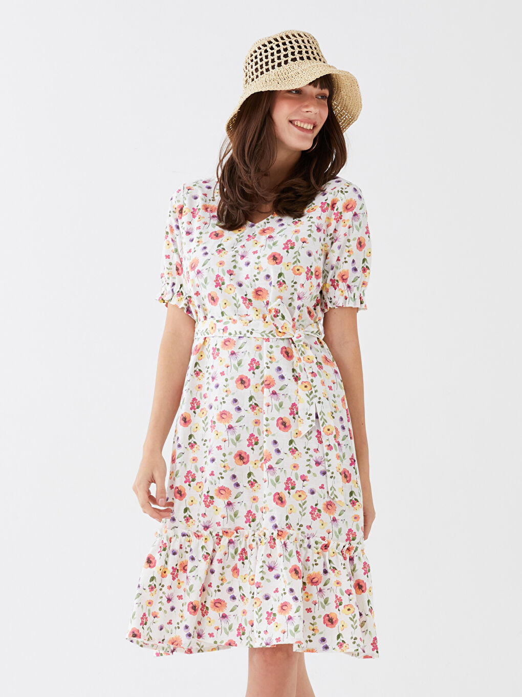 LCW Kids V-Neck Floral Short Sleeve Poplin Women's Dress Mother Daughter Combination -S3CN65Z8-F9C