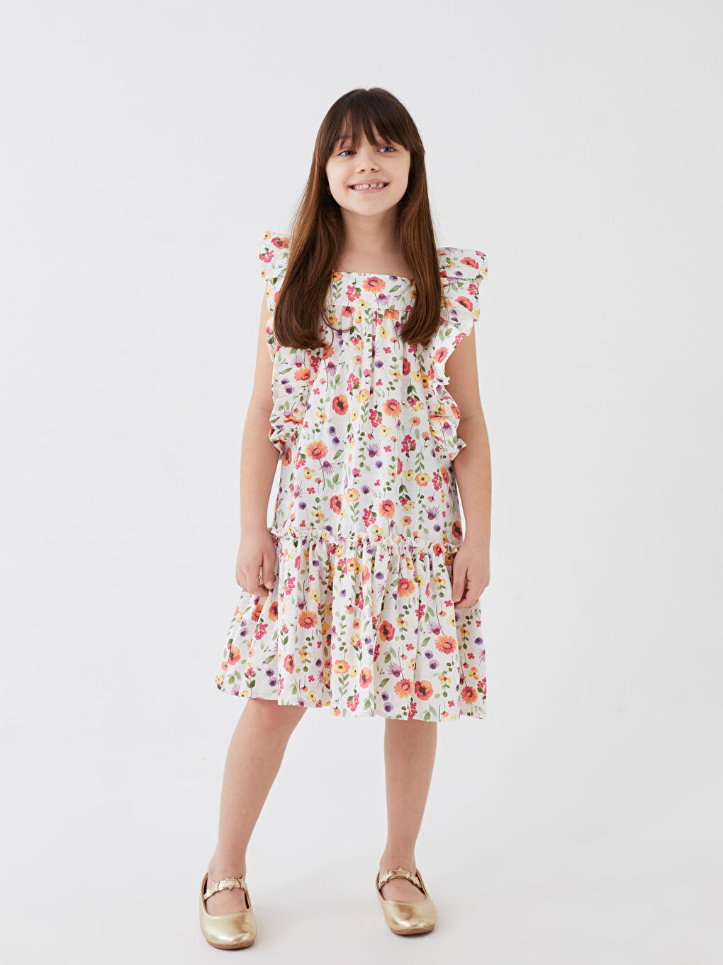 Шаршы жағалы өрнекті қыздарға арналған көйлек-1