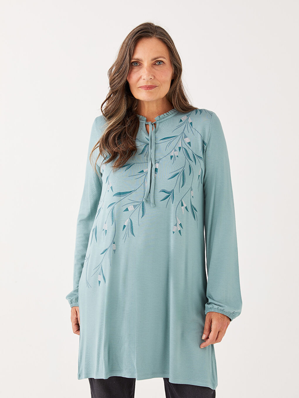 Mavi Bağlamalı Yaka Desenli Kadın Tunik-2