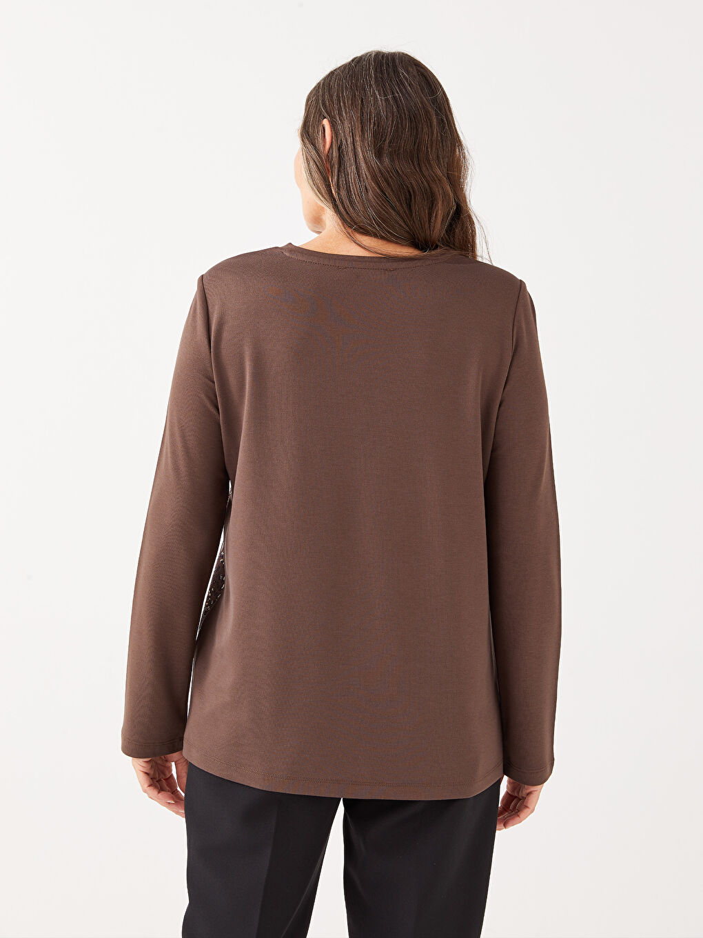 Kahverengi Bisiklet Yaka Desenli Uzun Kollu Kadın Tişört-5