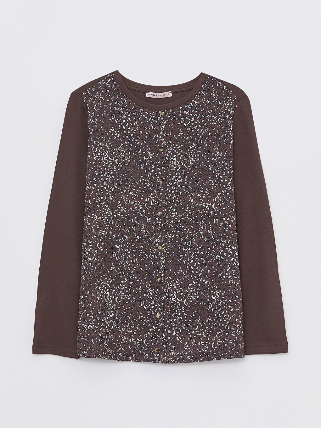 Kahverengi Bisiklet Yaka Desenli Uzun Kollu Kadın Tişört-6