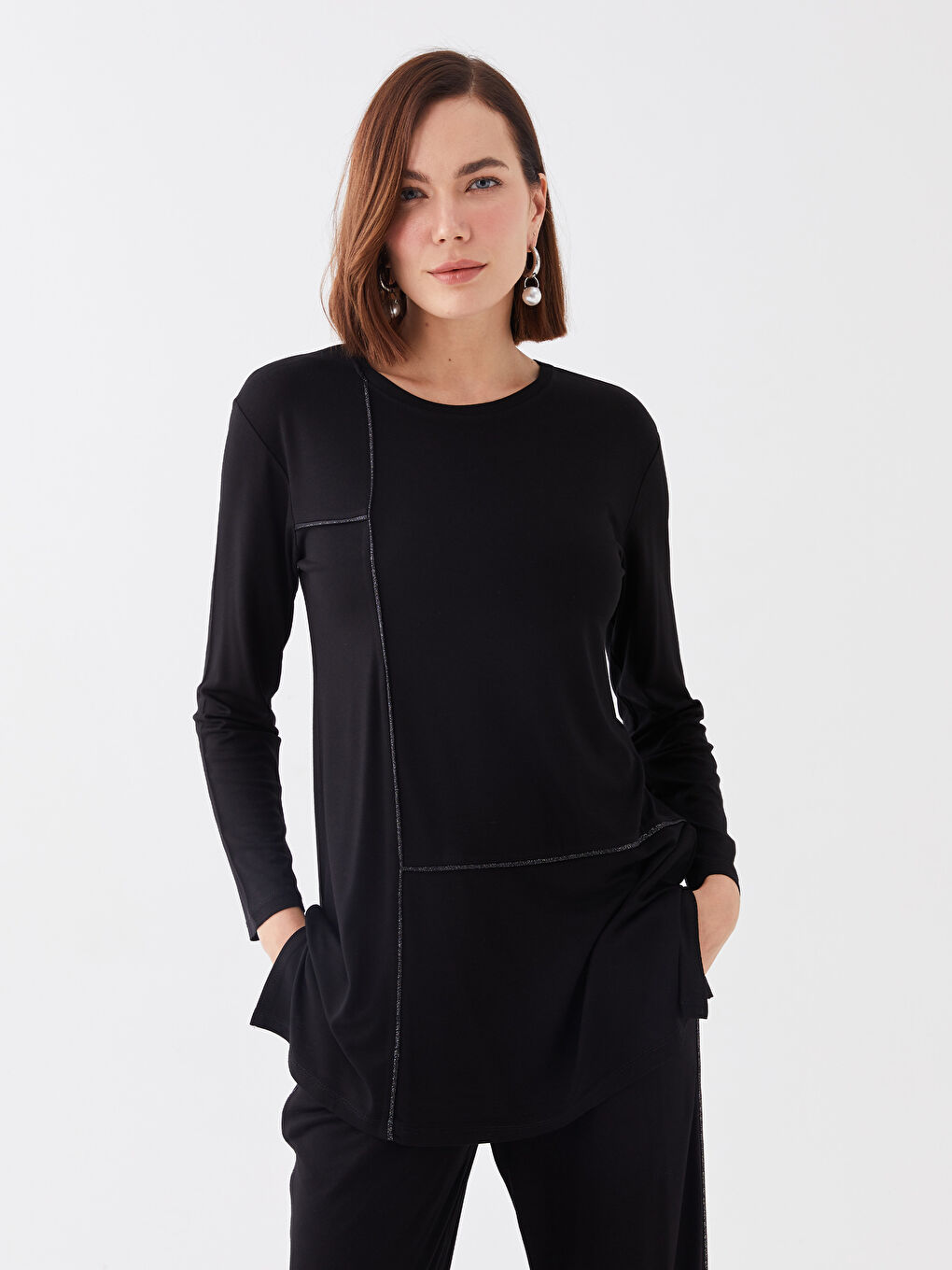 Crew Neck Plain Long Sleeve Women's Tunic-1