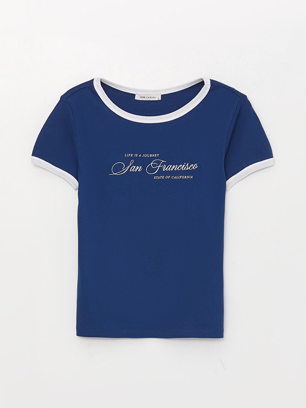 Lacivert Bisiklet Yaka Nakışlı Kısa Kollu Kadın Tişört-5