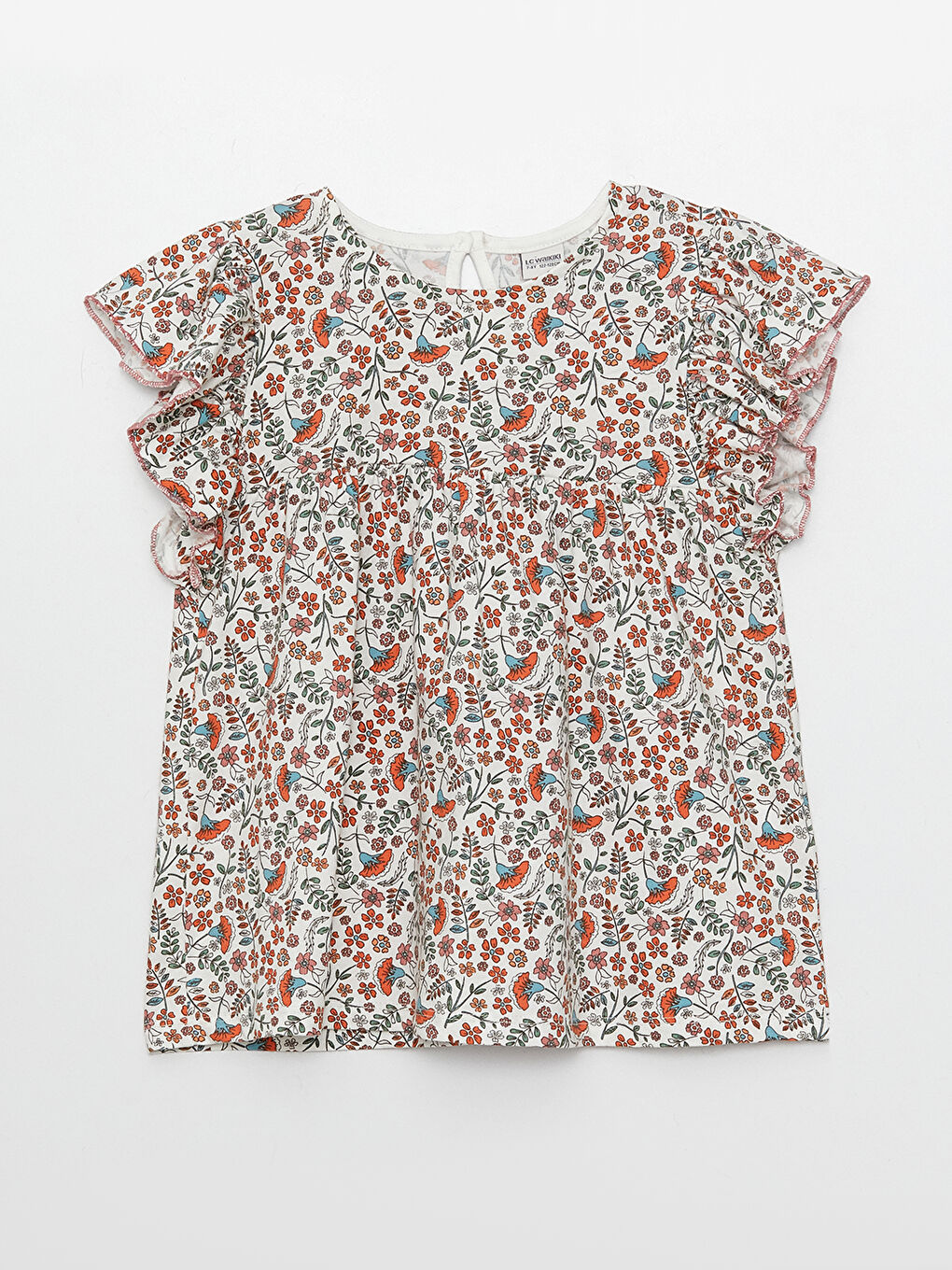 Ekru Bisiklet Yaka Desenli Kısa Kollu Kız Çocuk Bluz ve Pantolon-1