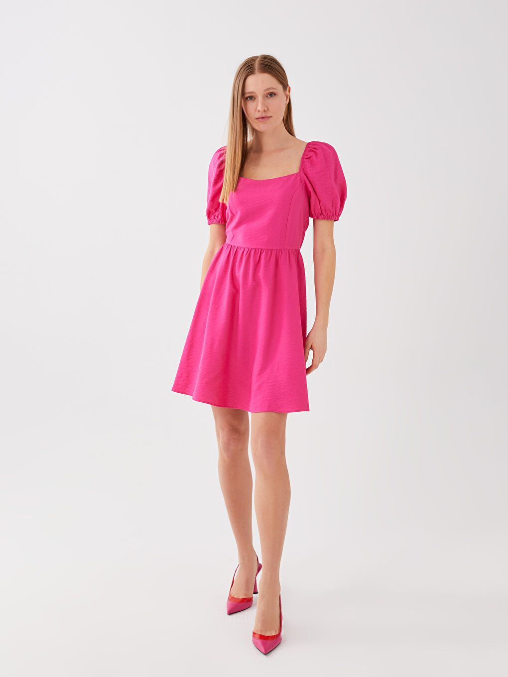 Платье с квадратным воротником, однотонное, с коротким рукавом для женщин-1