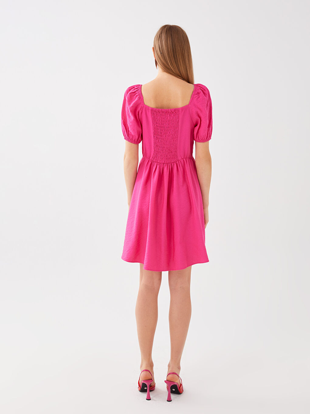 Платье с квадратным воротником, однотонное, с коротким рукавом для женщин-4